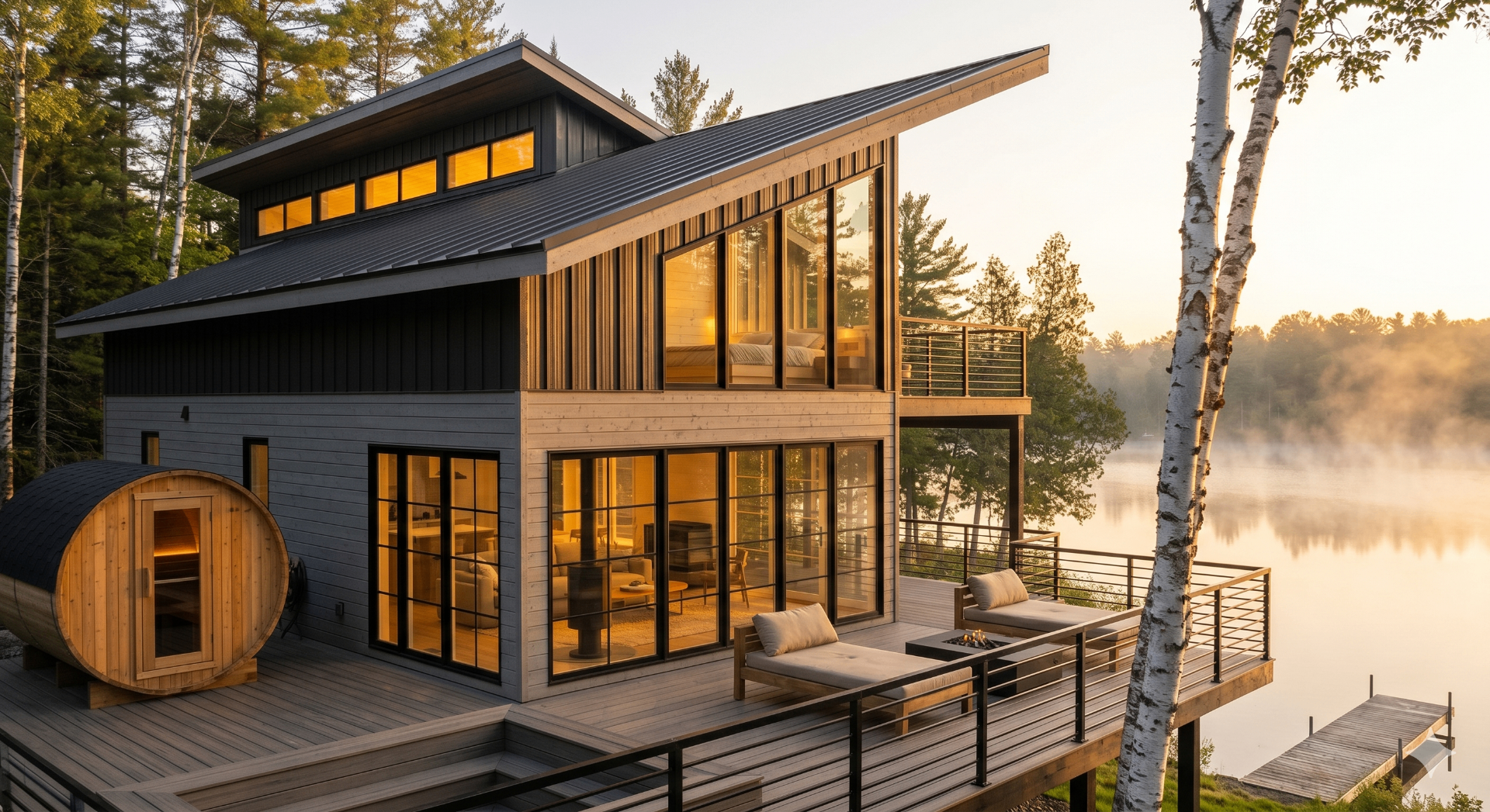 Surf Cottage — SE corner at sunrise, sauna and fire-table lounge on the deck, mist drifting across the lake.