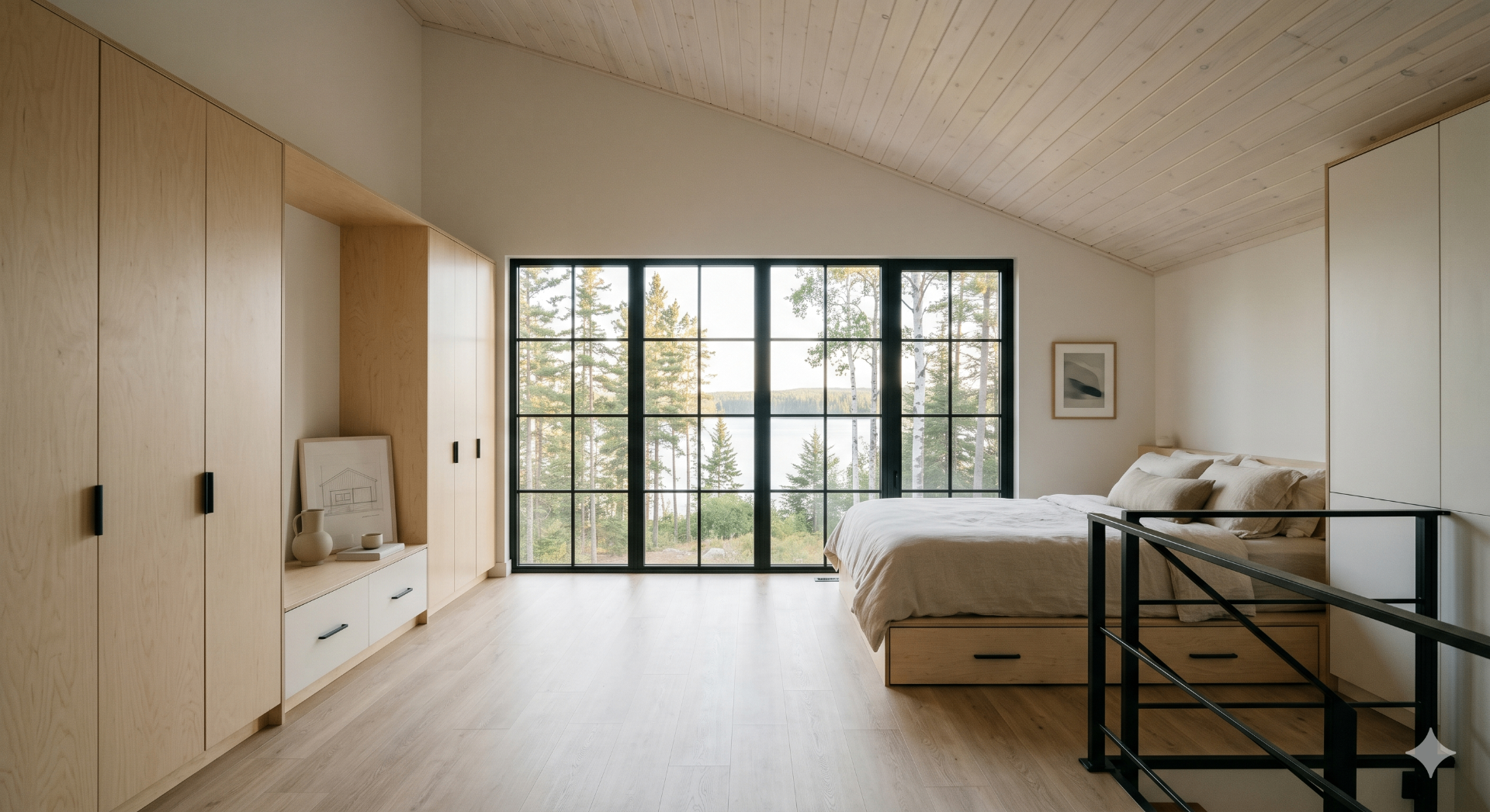Surf Cottage — upper south primary bedroom with a full-height black-grid window framing the boreal lake horizon.