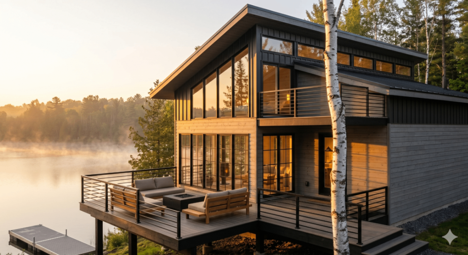 Surf Cottage — SW corner at dusk, two-storey massing with full-height black-grid glazing glowing warm amber.